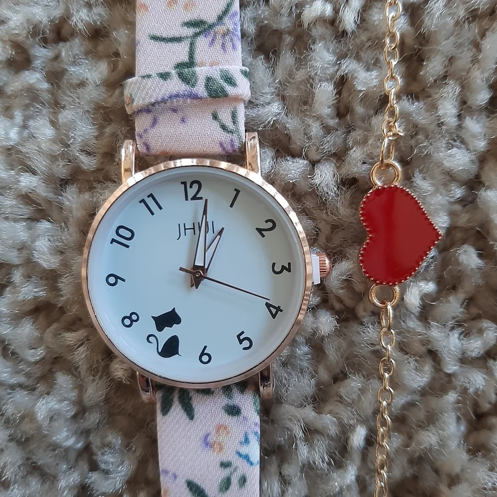 New Cat Round Pointer Watch and Heart Bracelet Set - Picture 1 of 4